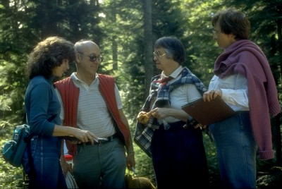 The founders of the chanterelle collection study project looking over their location: Lorelei Norvell, Frank Kopecky, Maggie Rogers and Janet Lindgren.